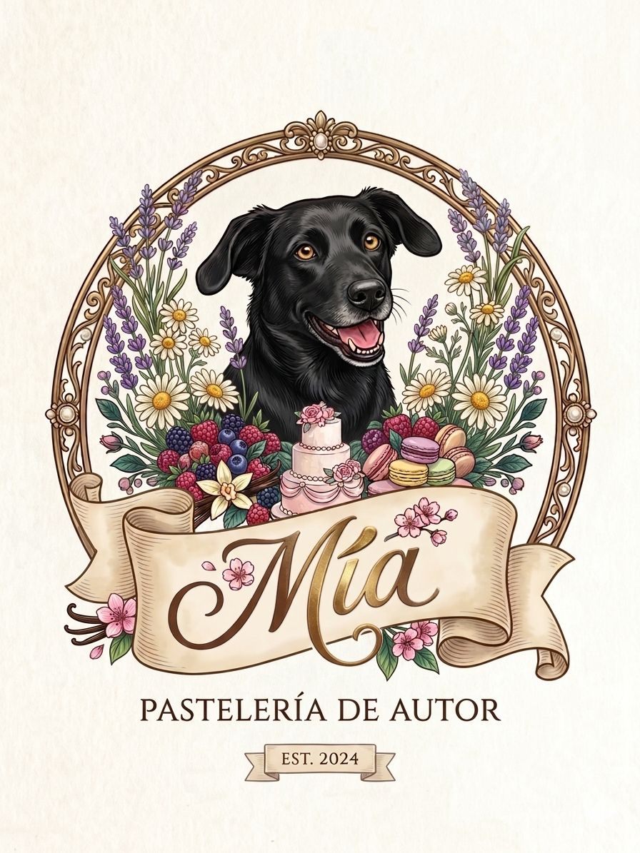 Emblema original de Mía Pastelería de Autor con un perro negro, flores, frutas y pastelería