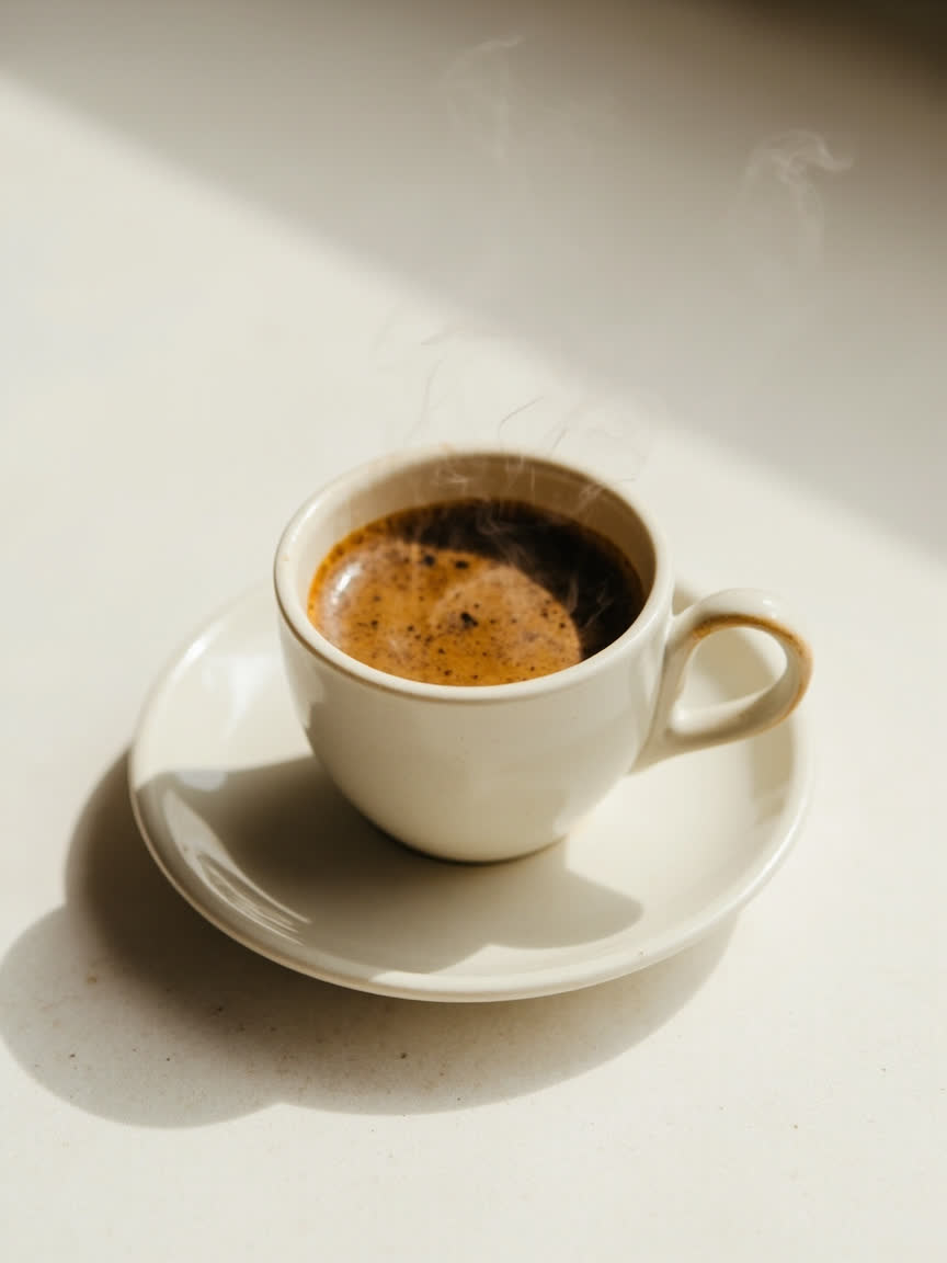 Taza de café recién preparado sobre una mesa de madera clara