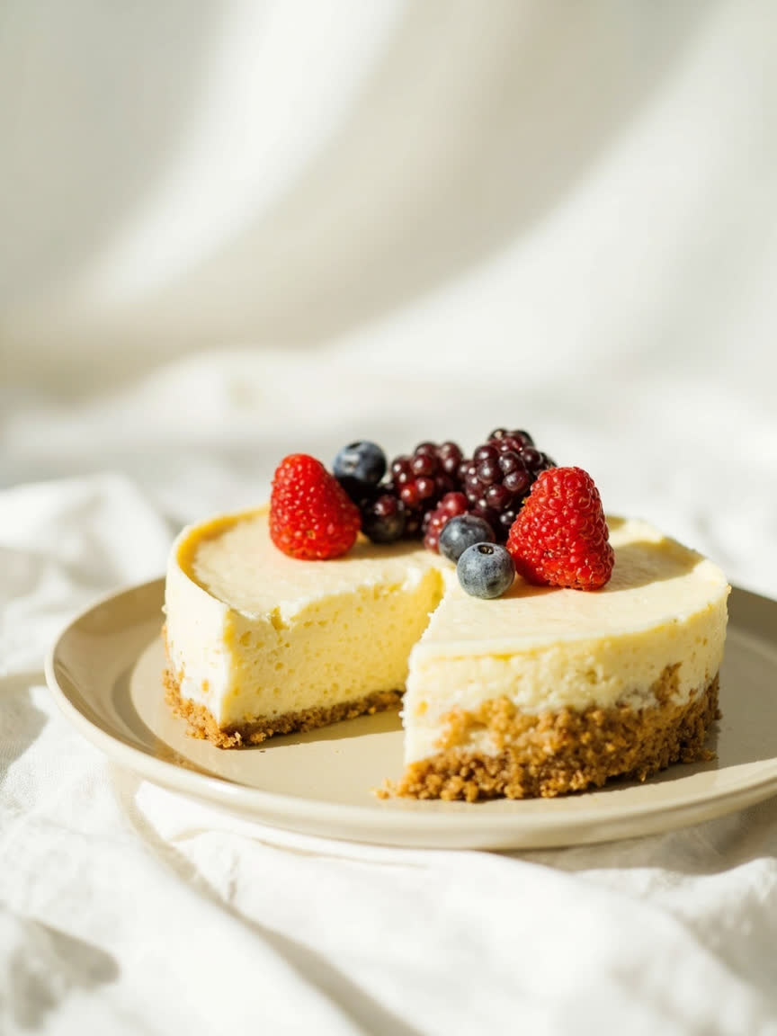 Cheesecake cremoso con frutos rojos sobre una base de galleta