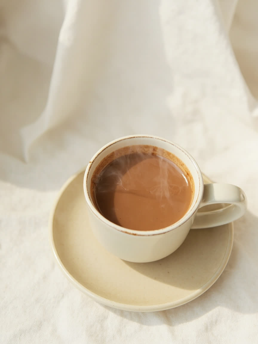 Taza de chocolate caliente cremoso sobre una mesa clara
