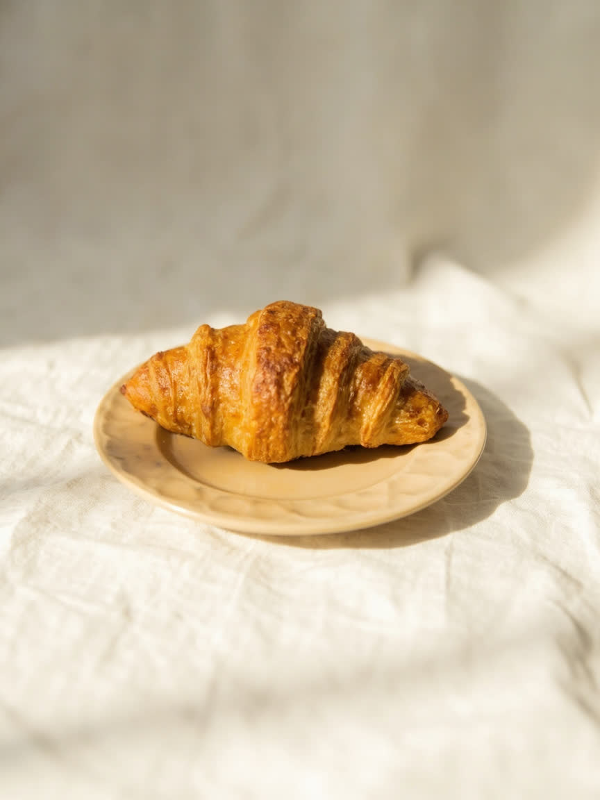 Croissants dorados y hojaldrados sobre una tabla de madera
