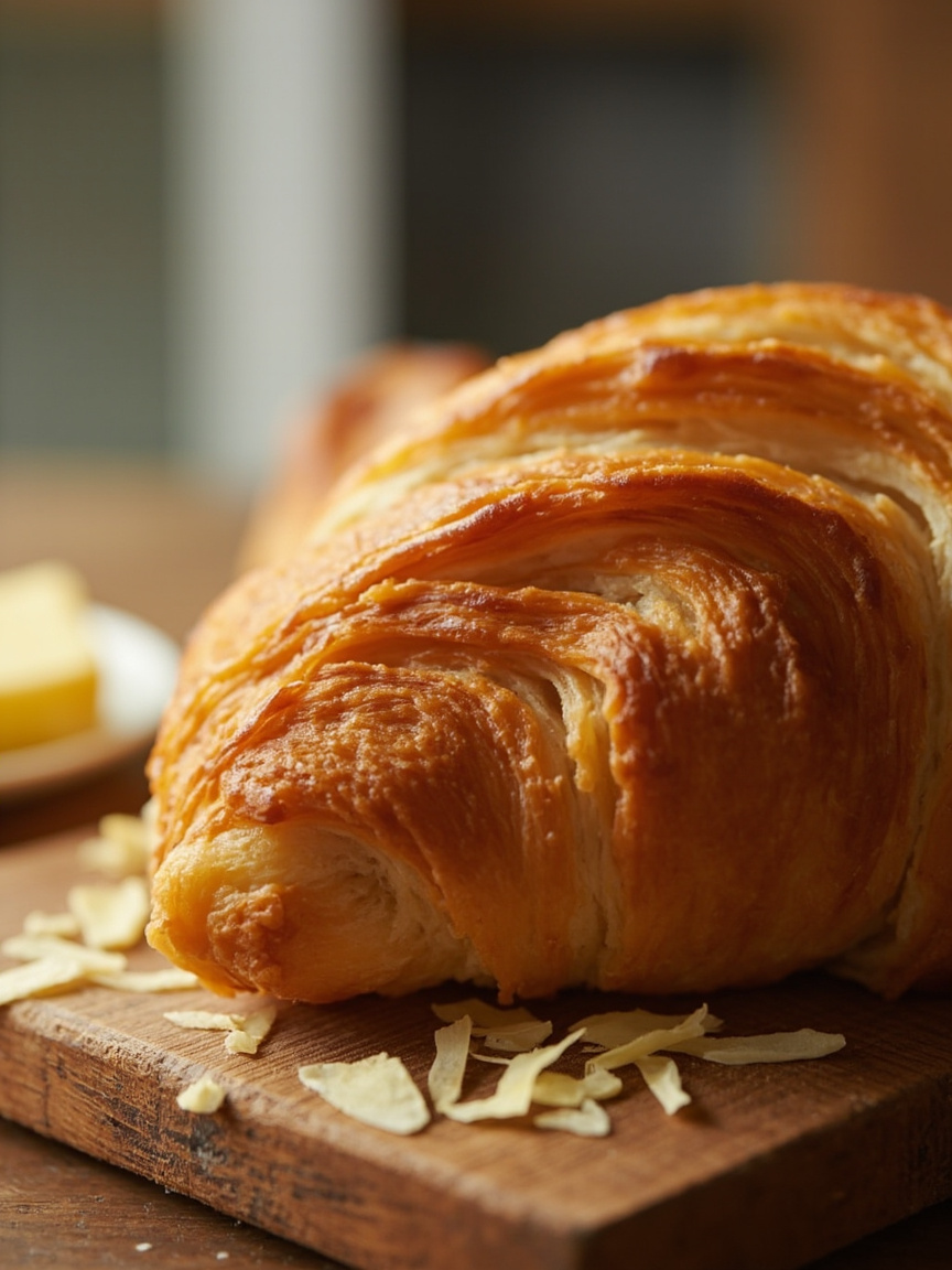Croissant dorado y crujiente apoyado sobre una tabla de madera con migas de mantequilla