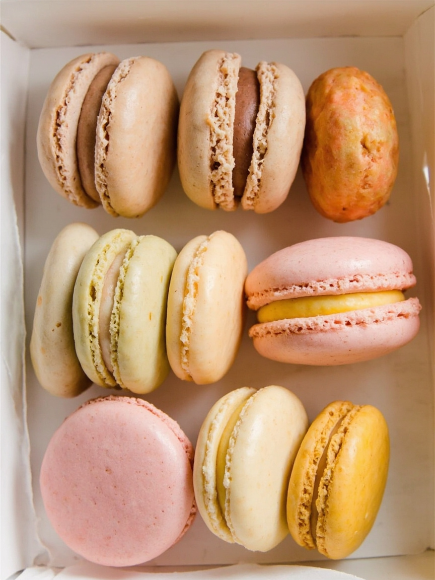 Caja blanca con macarons en colores pastel ordenada en filas sobre papel