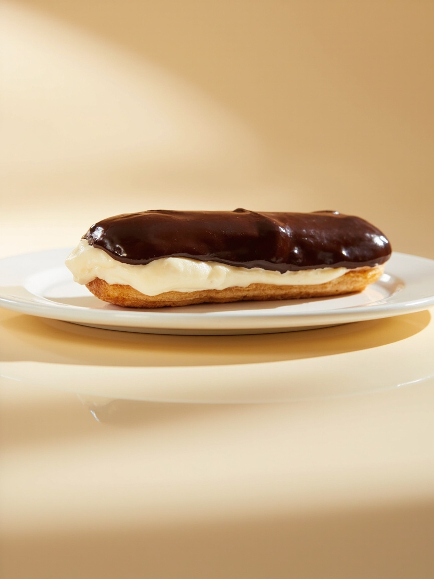 Éclair de chocolate con crema pastelera sobre un plato blanco