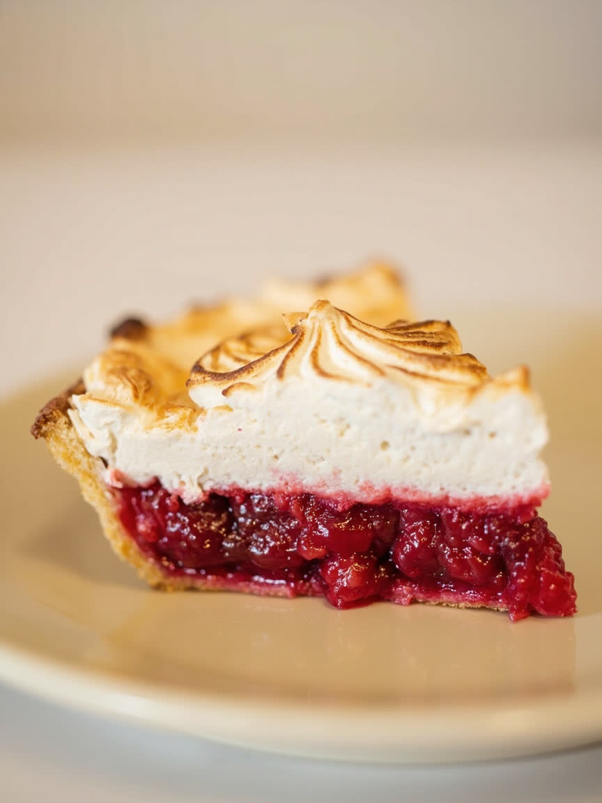 Pie de frambuesa con frutos rojos y crema sobre una mesa clara