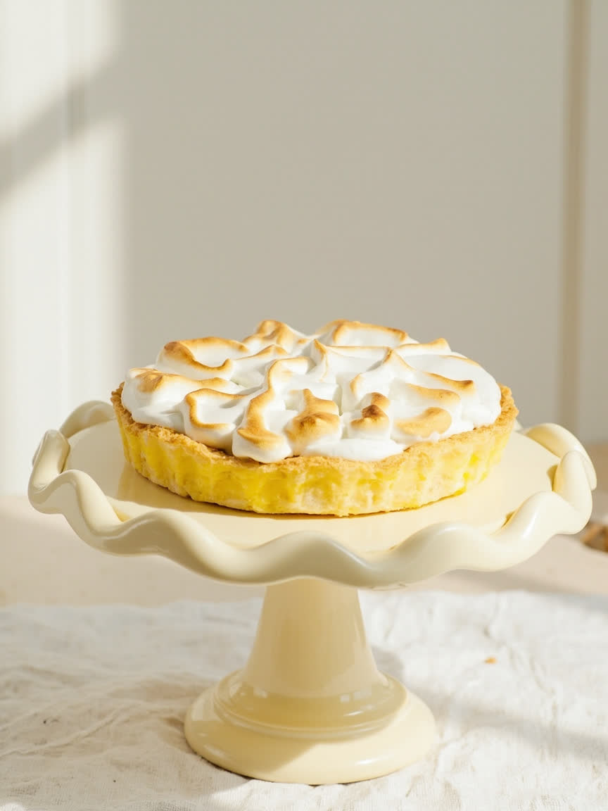 Pie de limón con merengue tostado sobre un plato de cerámica clara