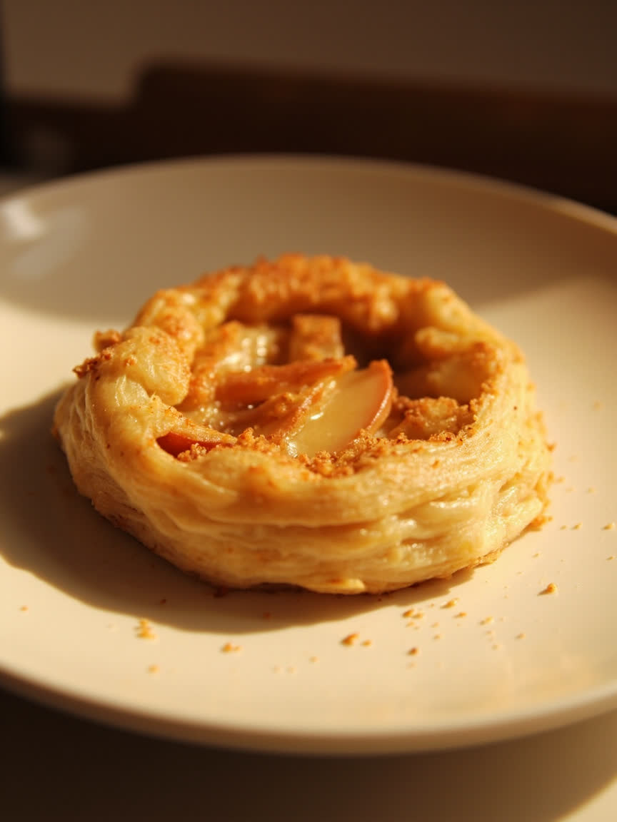 Strudel de manzana cortado sobre una tabla de madera clara