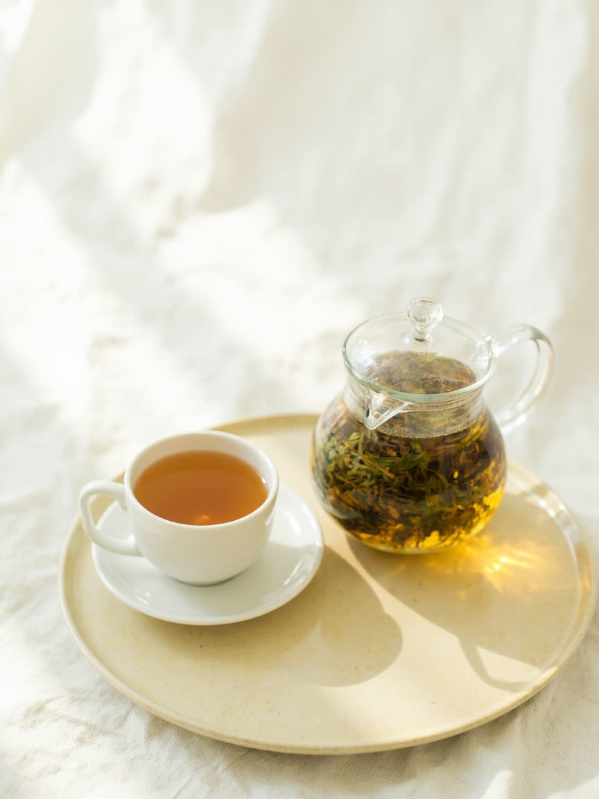 Tetera de té e infusión caliente junto a una taza clara