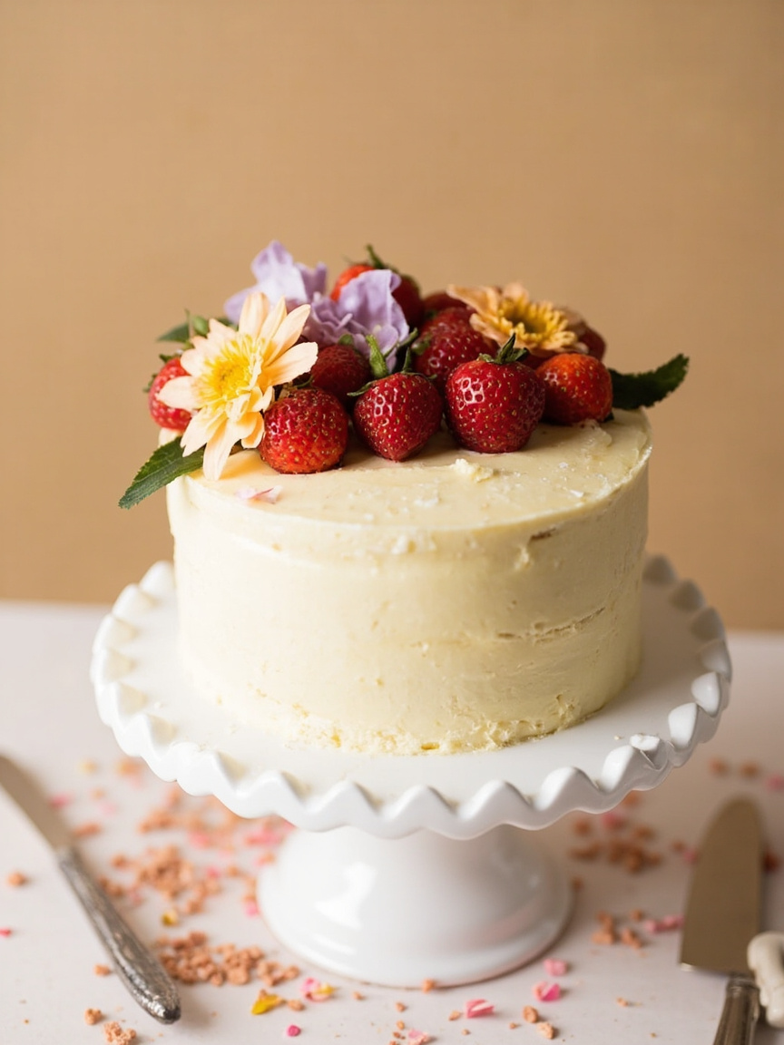 Torta clara coronada con fresas frescas y flores sobre un soporte blanco