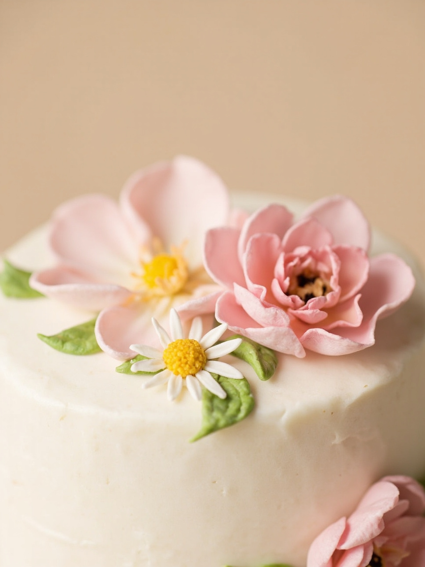 Detalle de pétalos rosados y margaritas sobre la cubierta de fondant de una torta