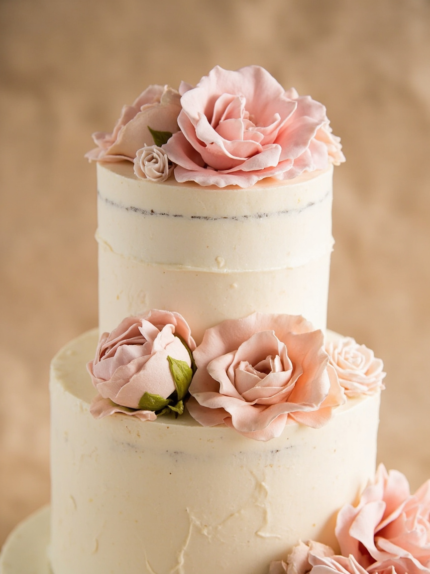 Torta blanca de dos pisos decorada con flores rosadas pintadas a mano sobre una mesa clara