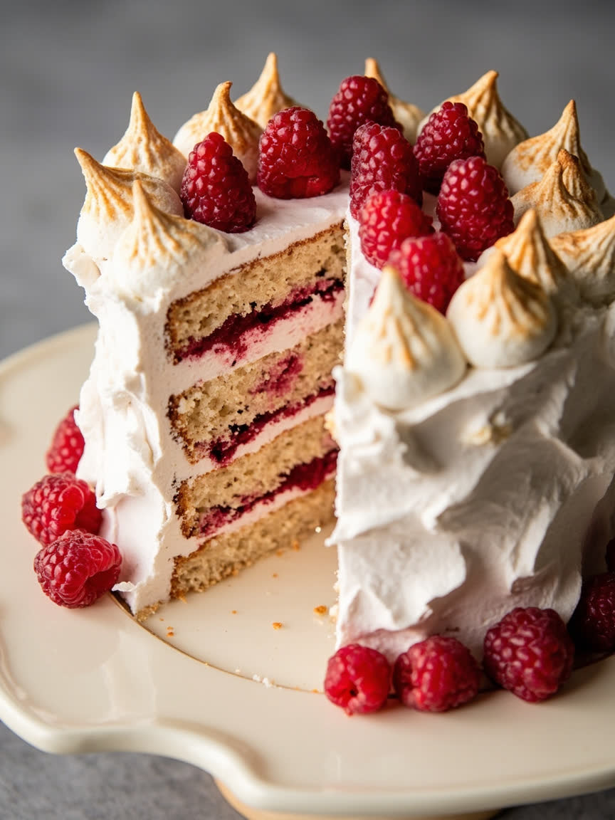 Torta de merengue y frambuesa con capas suaves y fruta fresca