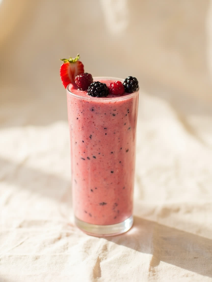Batido de frutas servido en vaso de vidrio con fruta fresca